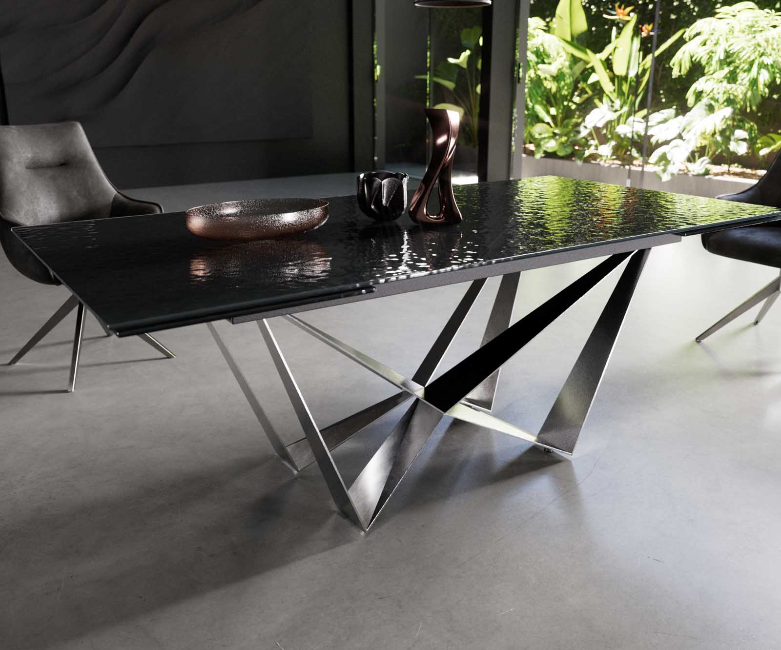 Dining Table Aurora 200-300x100cm Glass Black Spider Frame Silver