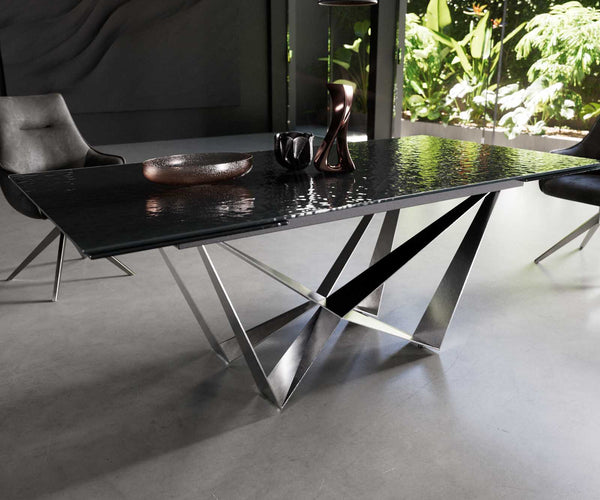 Dining Table Aurora 200-300x100cm Glass Black Spider Frame Silver