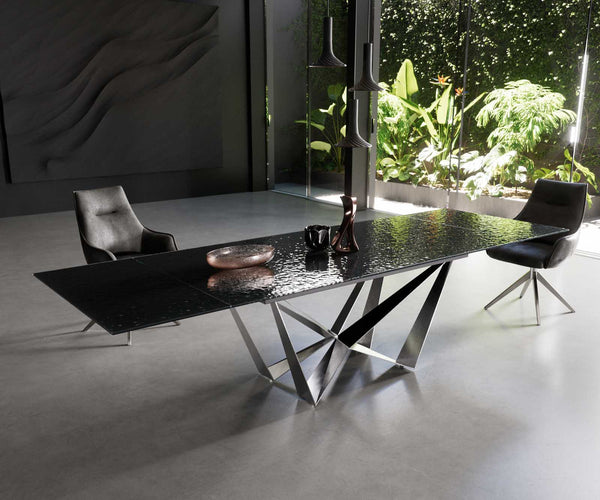Dining Table Aurora 200-300x100cm Glass Black Spider Frame Silver