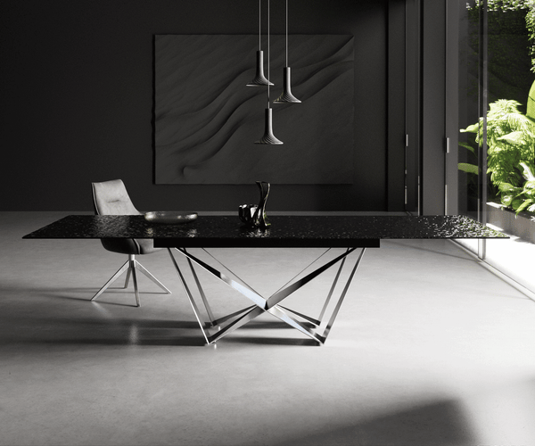 Dining Table Aurora 200-300x100cm Glass Black Spider Frame Silver