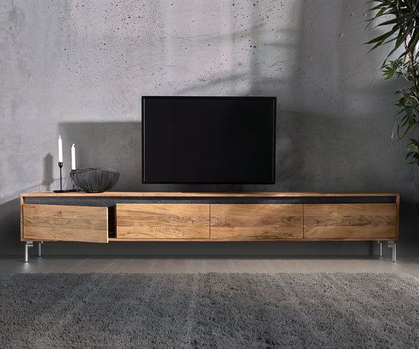 TV Stand Stonegrace 240 cm 4 Doors Acacia Wood Natural Foot Oval Stainless Steel