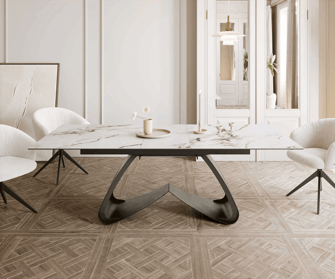 Extendable Dining Table Aurora 180-220x100cm Ceramic Calacatta Luxe Gold W-Frame Titanium