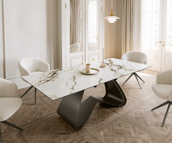 Dining Table Aurora 180-220x100cm Ceramic Gold W-Frame Titanium
