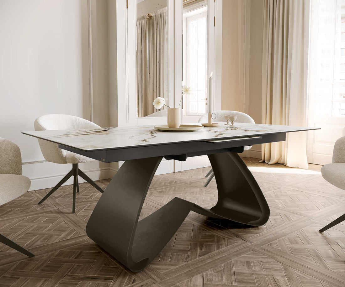 Extendable Dining Table Aurora 180-220x100cm Ceramic Calacatta Luxe Gold W-Frame Titanium