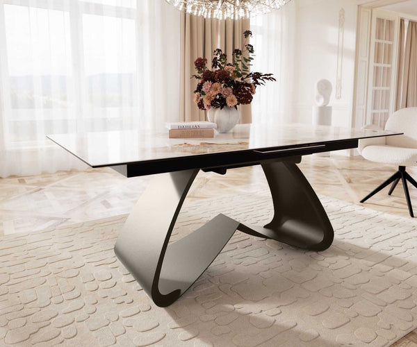 Dining Table Aurora 180-220x100cm Ceramic Beige W-Frame Titanium