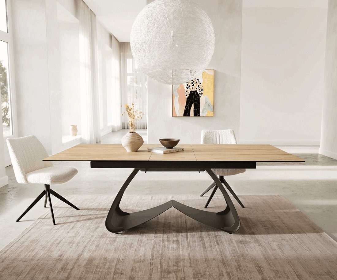 Extendable Dining Table Aurora 180-220x100cm Ceramic Sabbia Oak-Look W-Frame Titanium