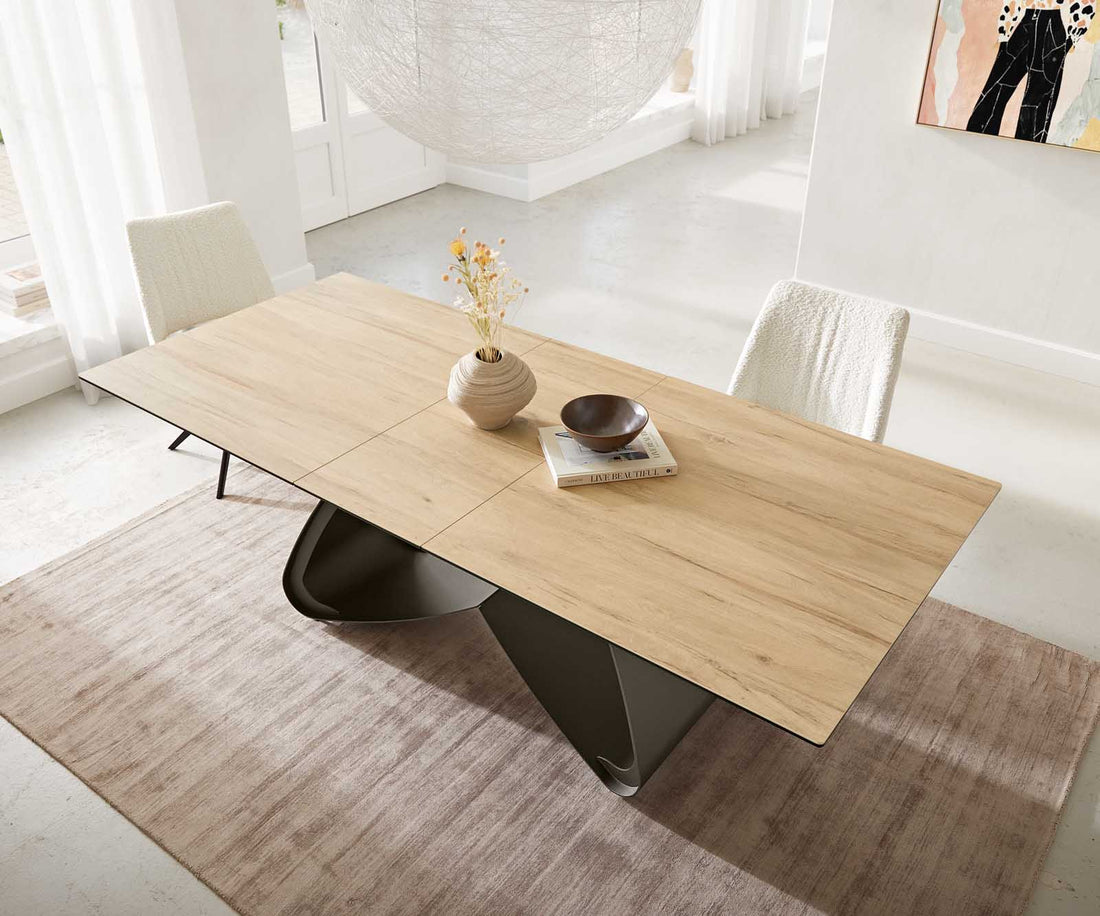Extendable Dining Table Aurora 180-220x100cm Ceramic Sabbia Oak-Look W-Frame Titanium