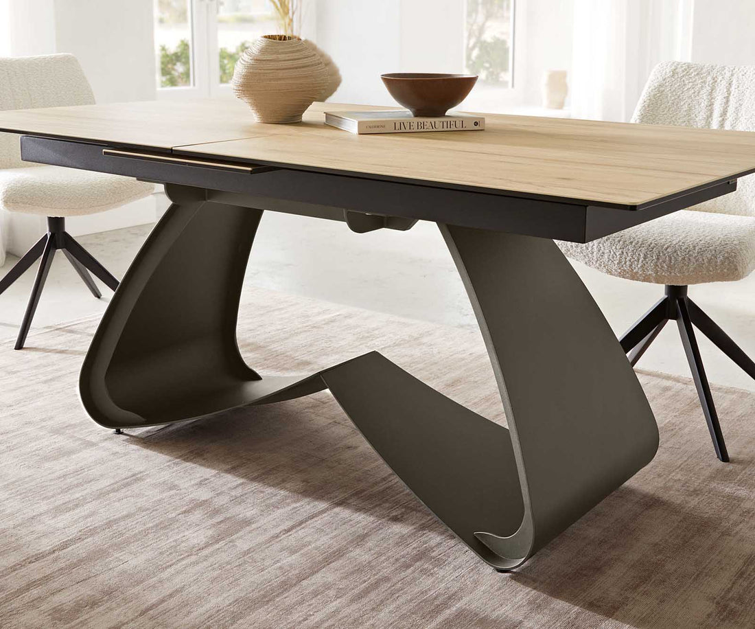 Extendable Dining Table Aurora 180-220x100cm Ceramic Sabbia Oak-Look W-Frame Titanium
