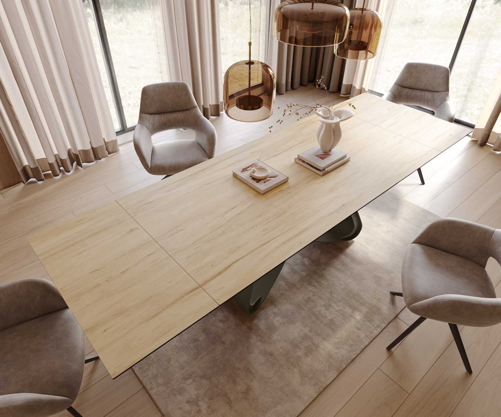 Dining Table Aurora 200-300x100cm Ceramic Oak-Look W-Frame Titanium