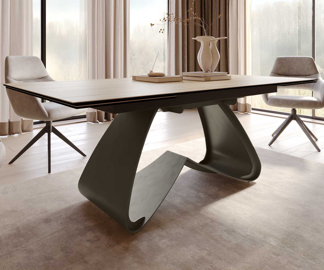 Extendable Dining Table Aurora 200-300x100cm Ceramic Sabbia Oak-Look W-Frame Titanium