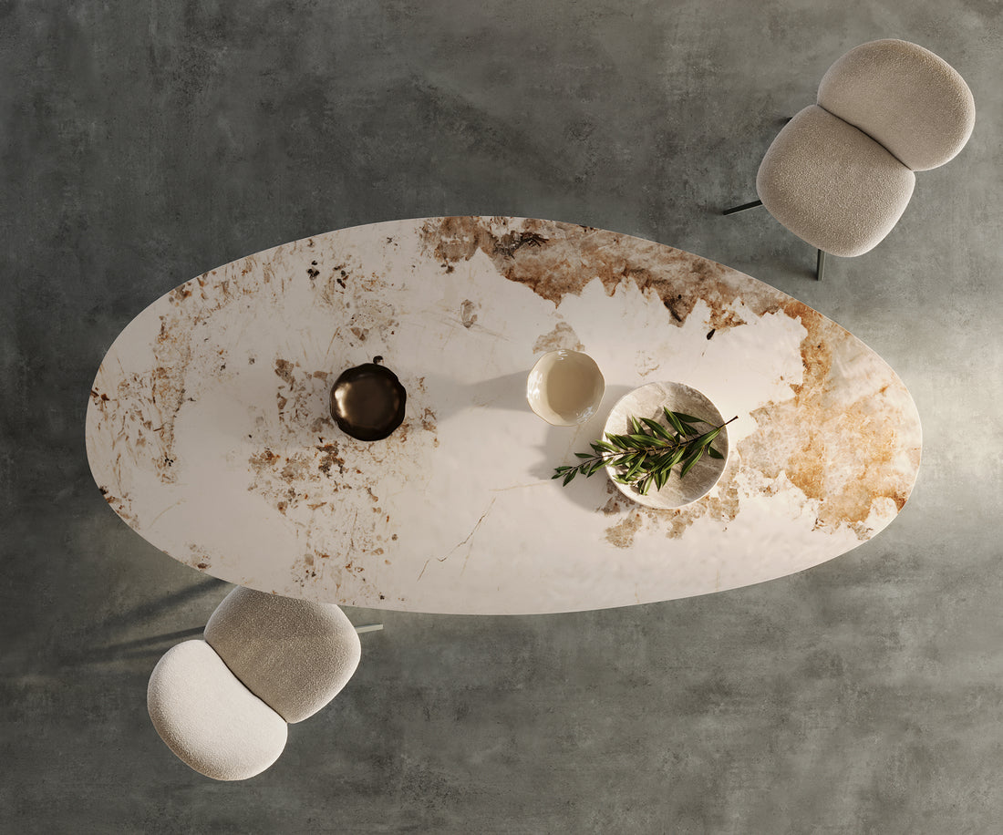 Dining Table Aurora Oval Ceramic 280cm Minas Melange Beige Infinity Frame Titanium