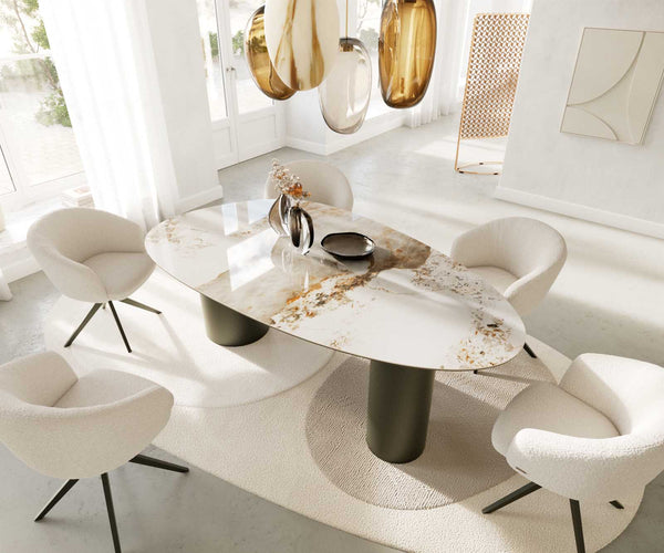 Dining Table Aurora Oval Ceramic 220cm Beige Three Pillars Frame Titanium