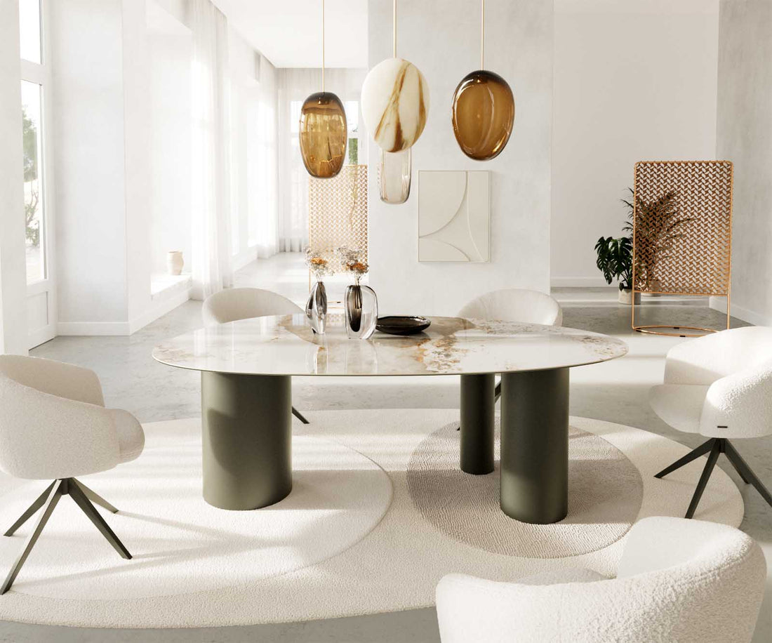 Dining Table Aurora Oval 220cm Ceramic Minas Melange Beige Three Pillars Frame Titanium