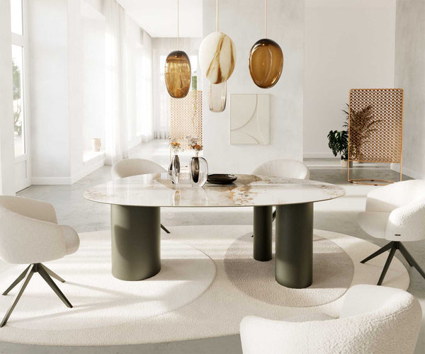 Dining Table Aurora Oval Ceramic 220cm Beige Three Pillars Frame Titanium