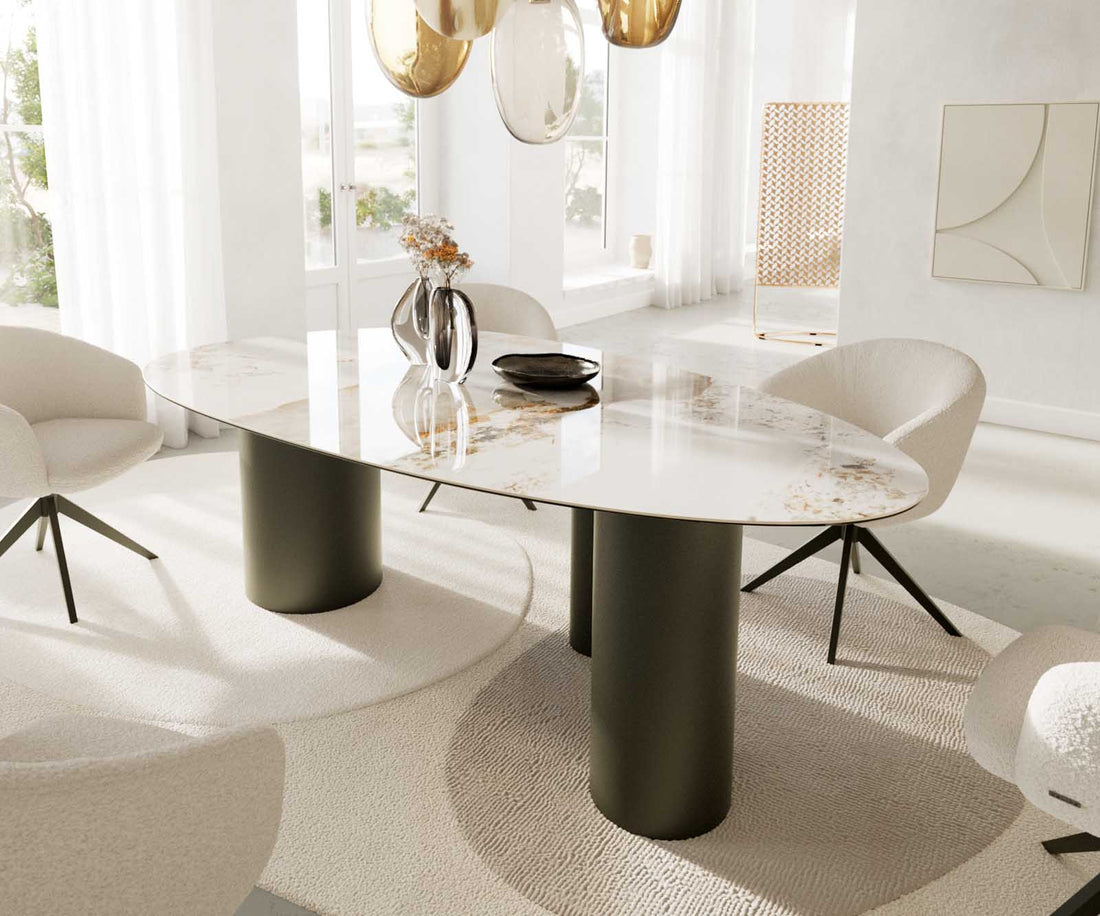 Dining Table Aurora Oval 220cm Ceramic Minas Melange Beige Three Pillars Frame Titanium