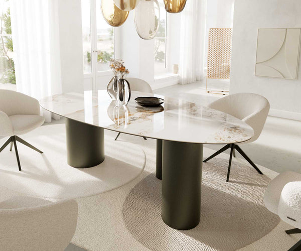 Dining Table Aurora Oval 220cm Ceramic Minas Melange Beige Three Pillars Frame Titanium