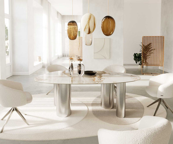 Dining Table Aurora Oval 220cm Ceramic Minas Melange Beige Four Pillars Frame Silver