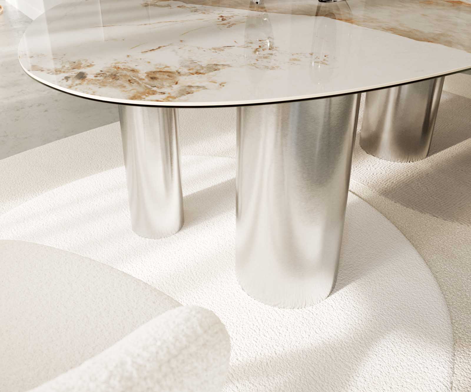 Dining Table Aurora Oval 220cm Ceramic Minas Melange Beige Four Pillars Frame Silver