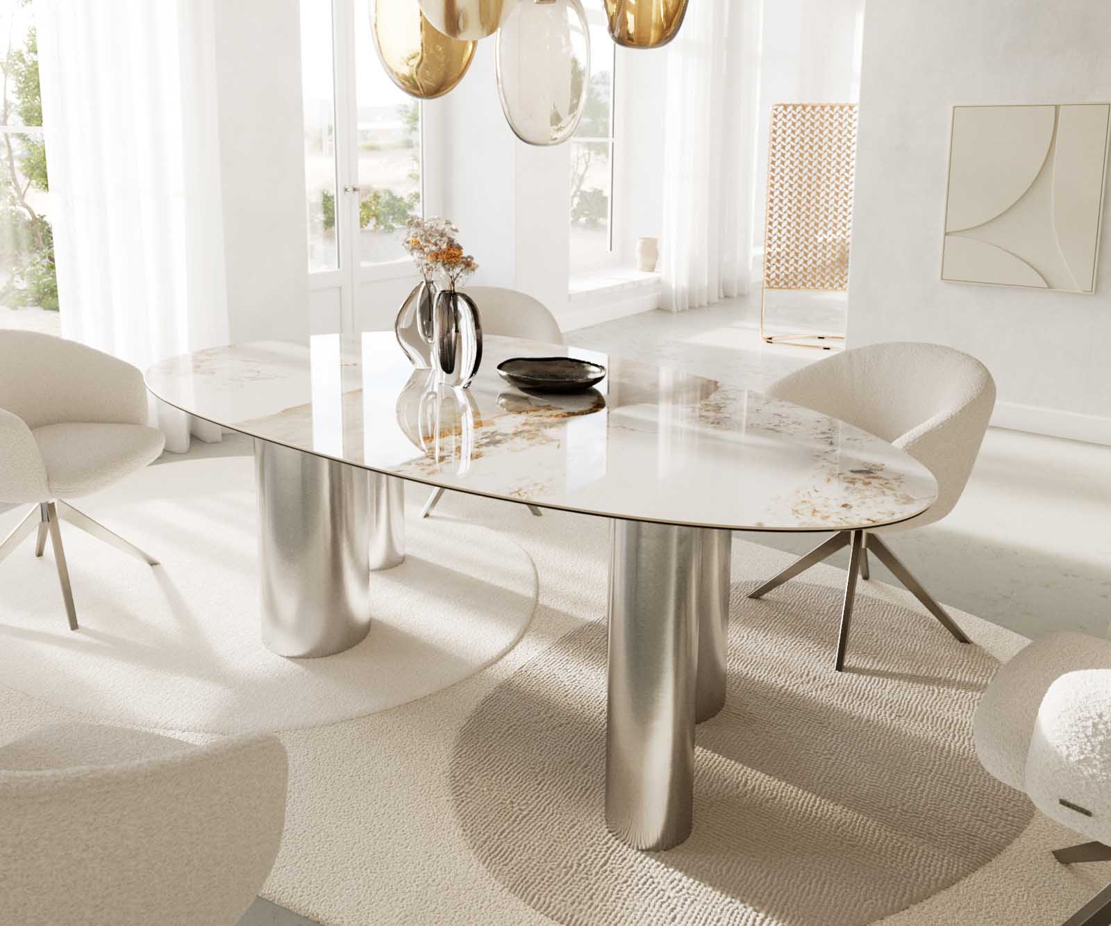 Dining Table Aurora Oval 220cm Ceramic Minas Melange Beige Four Pillars Frame Silver