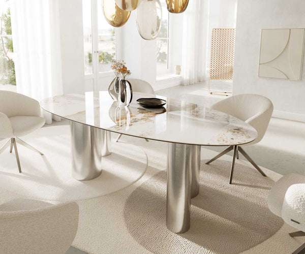 Dining Table Aurora Oval 220cm Ceramic Minas Melange Beige Four Pillars Frame Silver