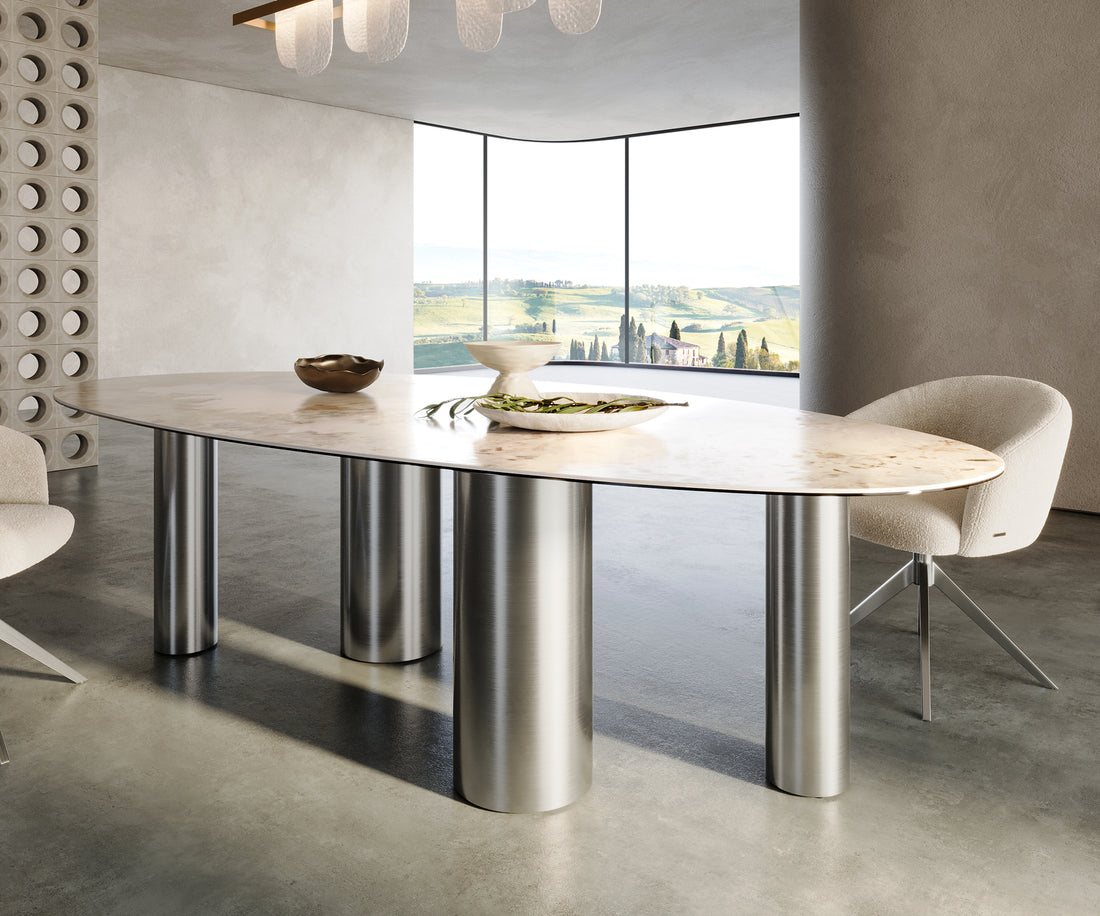 Dining Table Aurora Oval Ceramic 280cm Minas Melange Beige Four Pillars Frame Brushed