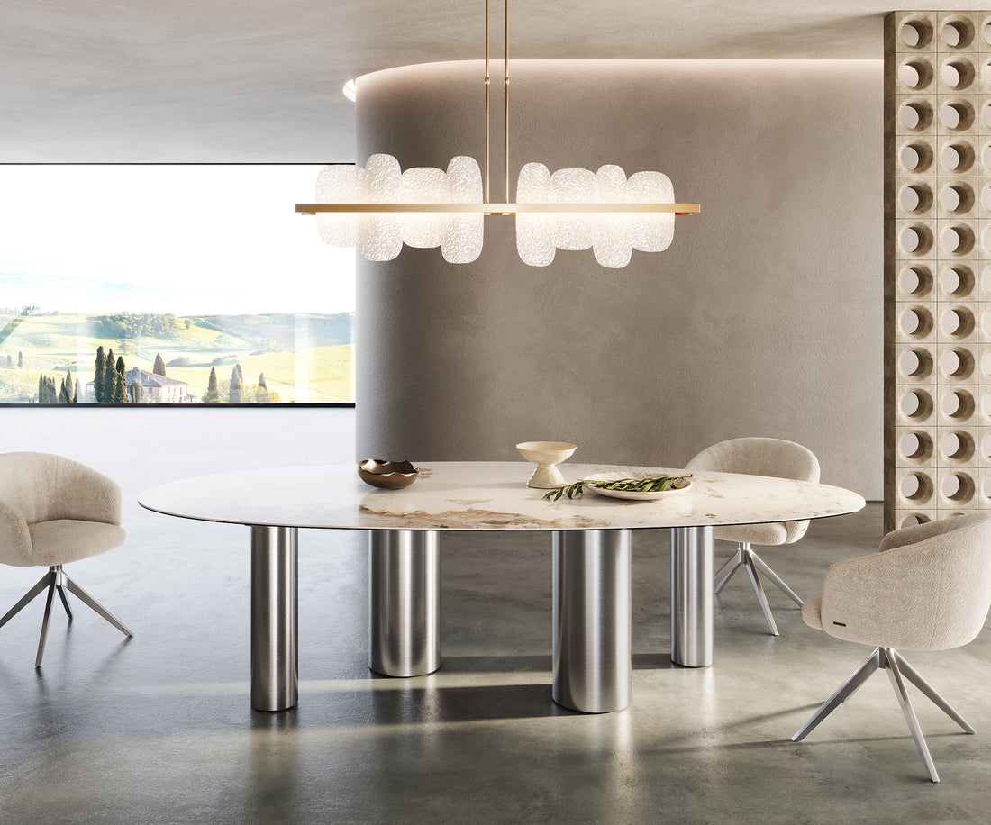 Dining Table Aurora Oval Ceramic 280cm Minas Melange Beige Four Pillars Frame Brushed