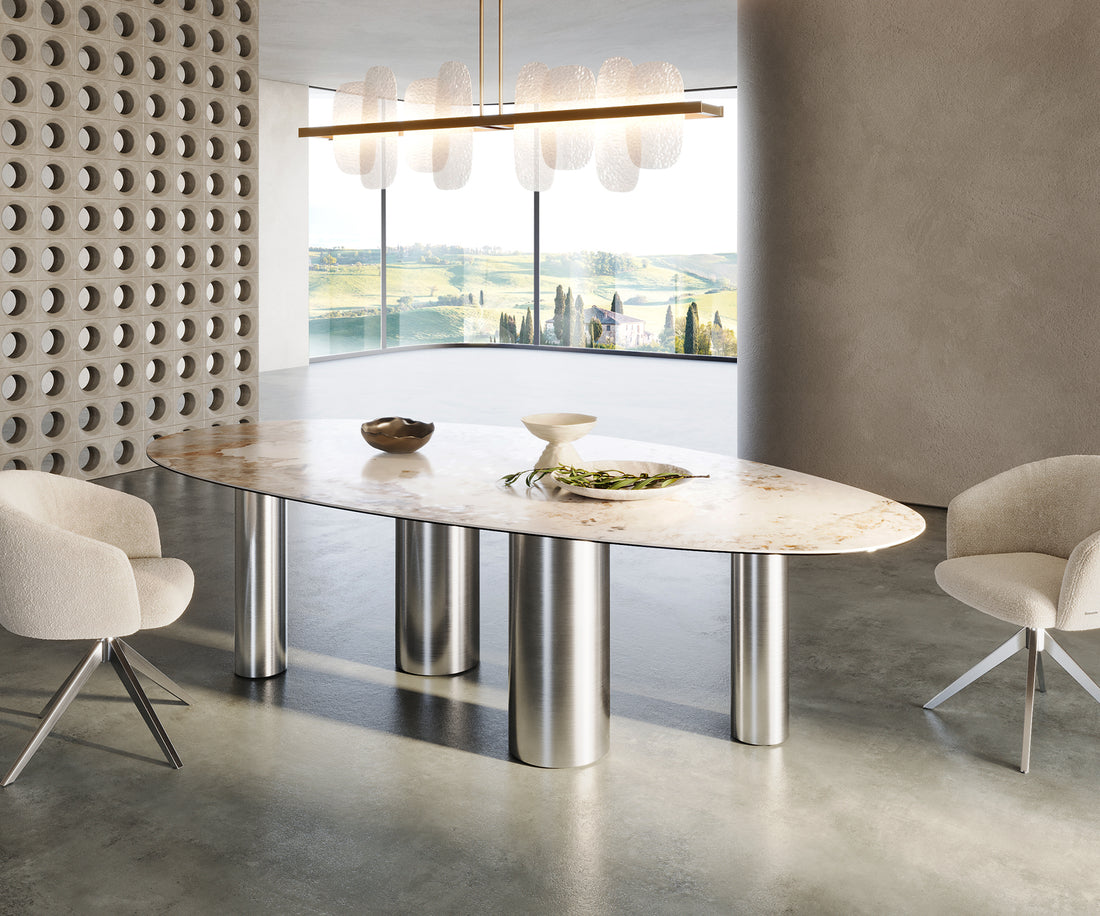 Dining Table Aurora Oval Ceramic 280cm Minas Melange Beige Four Pillars Frame Brushed