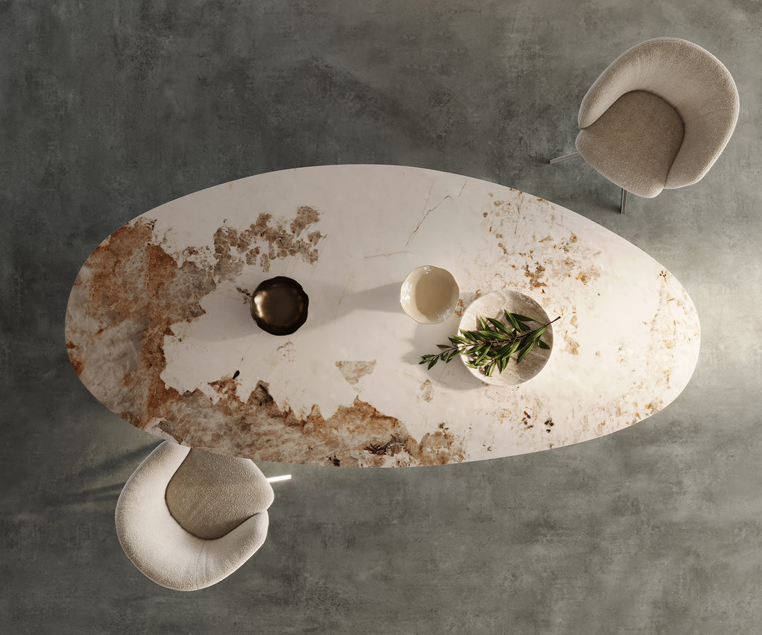 Dining Table Aurora Oval Ceramic 280cm Minas Melange Beige Four Pillars Frame Brushed