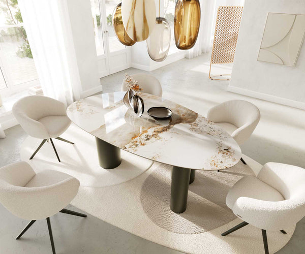 Dining Table Aurora Oval 220cm Ceramic Minas Melange Beige Four Pillars Frame Titanium