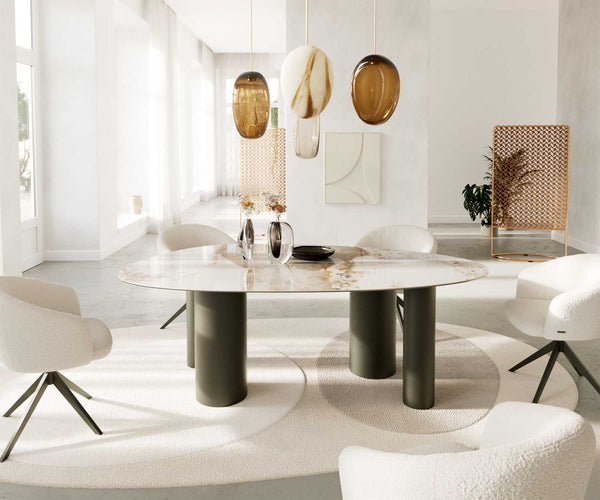 Dining Table Aurora Oval 220cm Ceramic Minas Melange Beige Four Pillars Frame Titanium