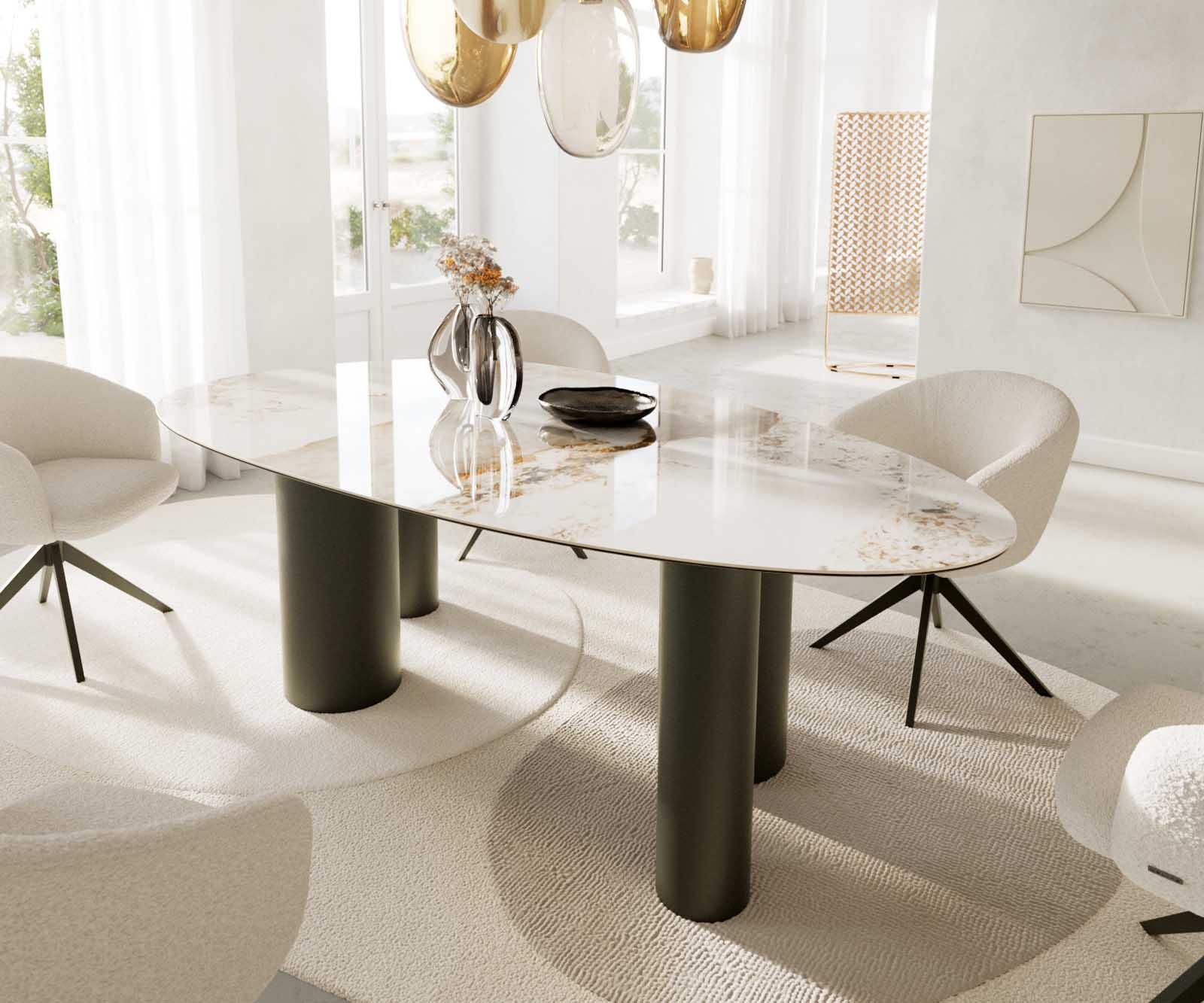 Dining Table Aurora Oval 220cm Ceramic Minas Melange Beige Four Pillars Frame Titanium