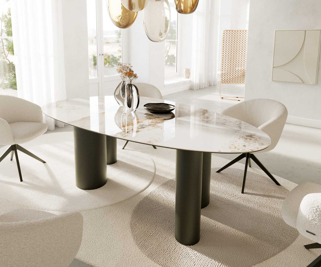 Dining Table Aurora Oval 220cm Ceramic Minas Melange Beige Four Pillars Frame Titanium
