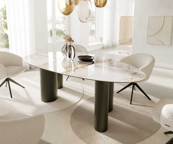 Dining Table Aurora Oval 220cm Ceramic Minas Melange Beige Four Pillars Frame Titanium