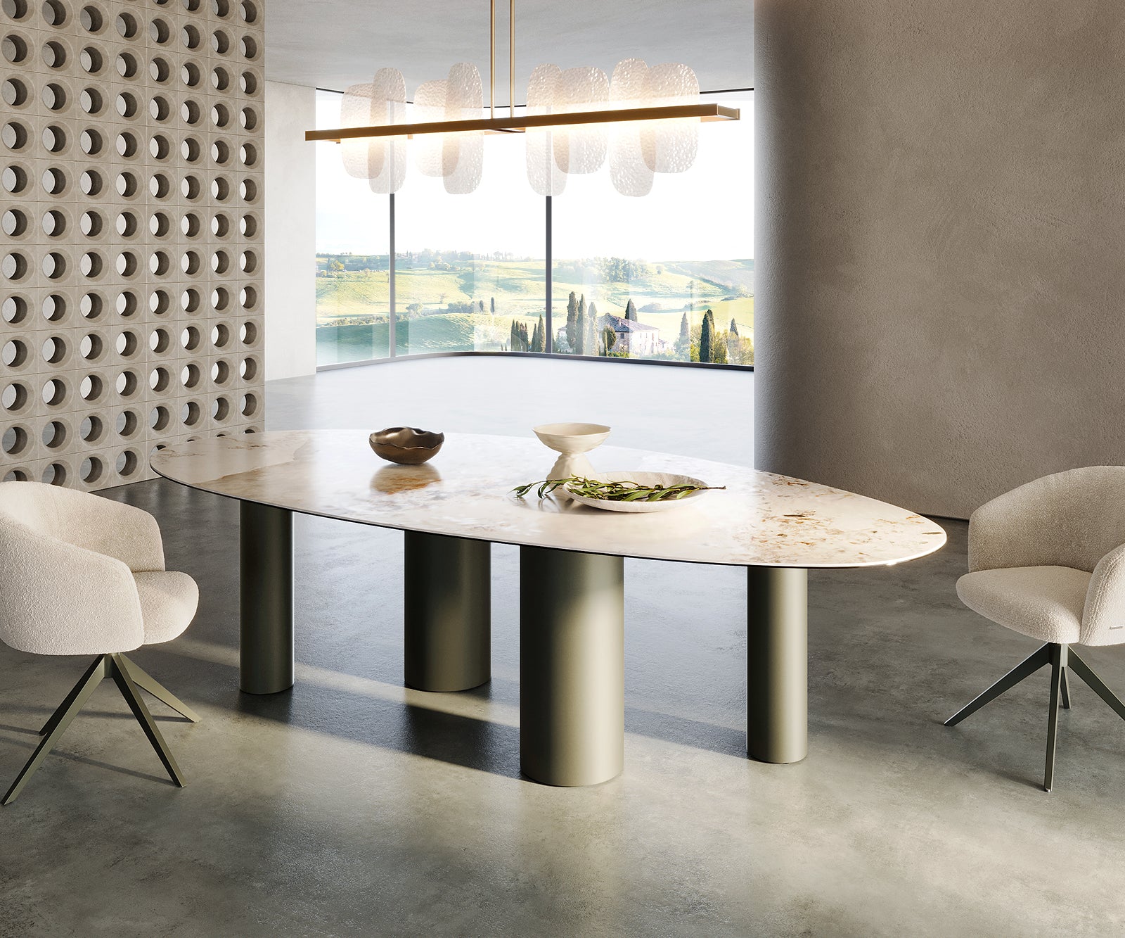 Dining Table Aurora Oval Ceramic 280cm Beige Four Pillars Frame Titanium