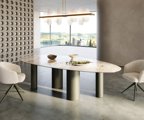 Dining Table Aurora Oval Ceramic 280cm Beige Four Pillars Frame Titanium
