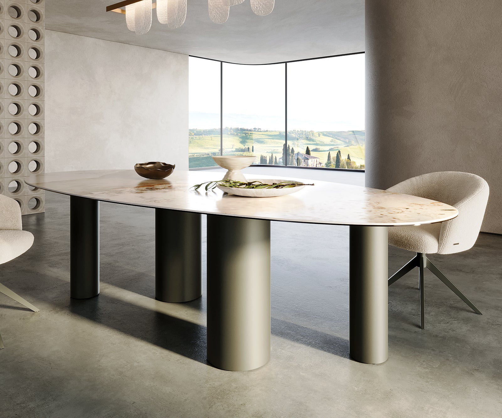 Dining Table Aurora Oval Ceramic 280cm Beige Four Pillars Frame Titanium