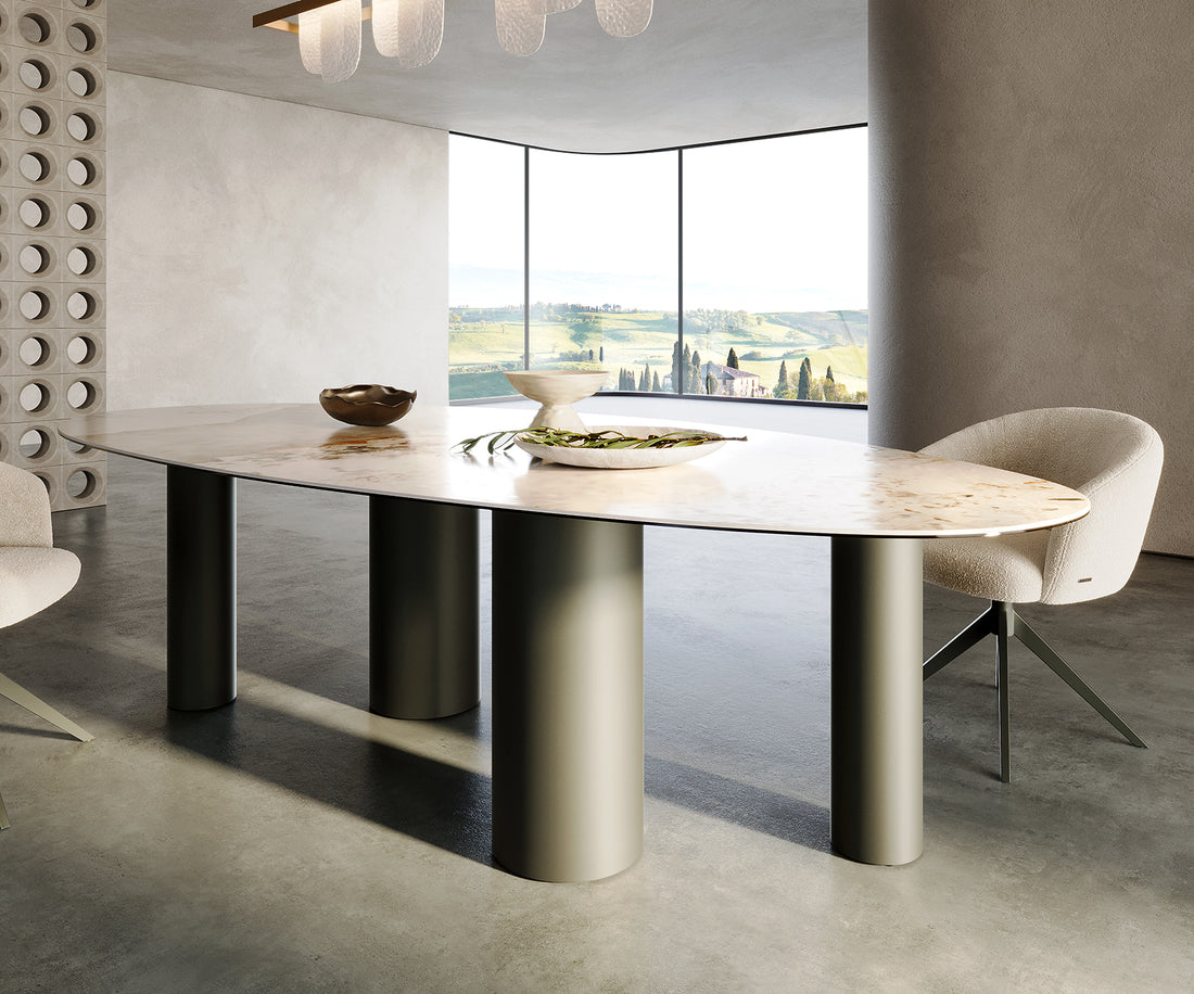 Dining Table Aurora Oval Ceramic 280cm Minas Melange Beige Four Pillars Frame Titanium