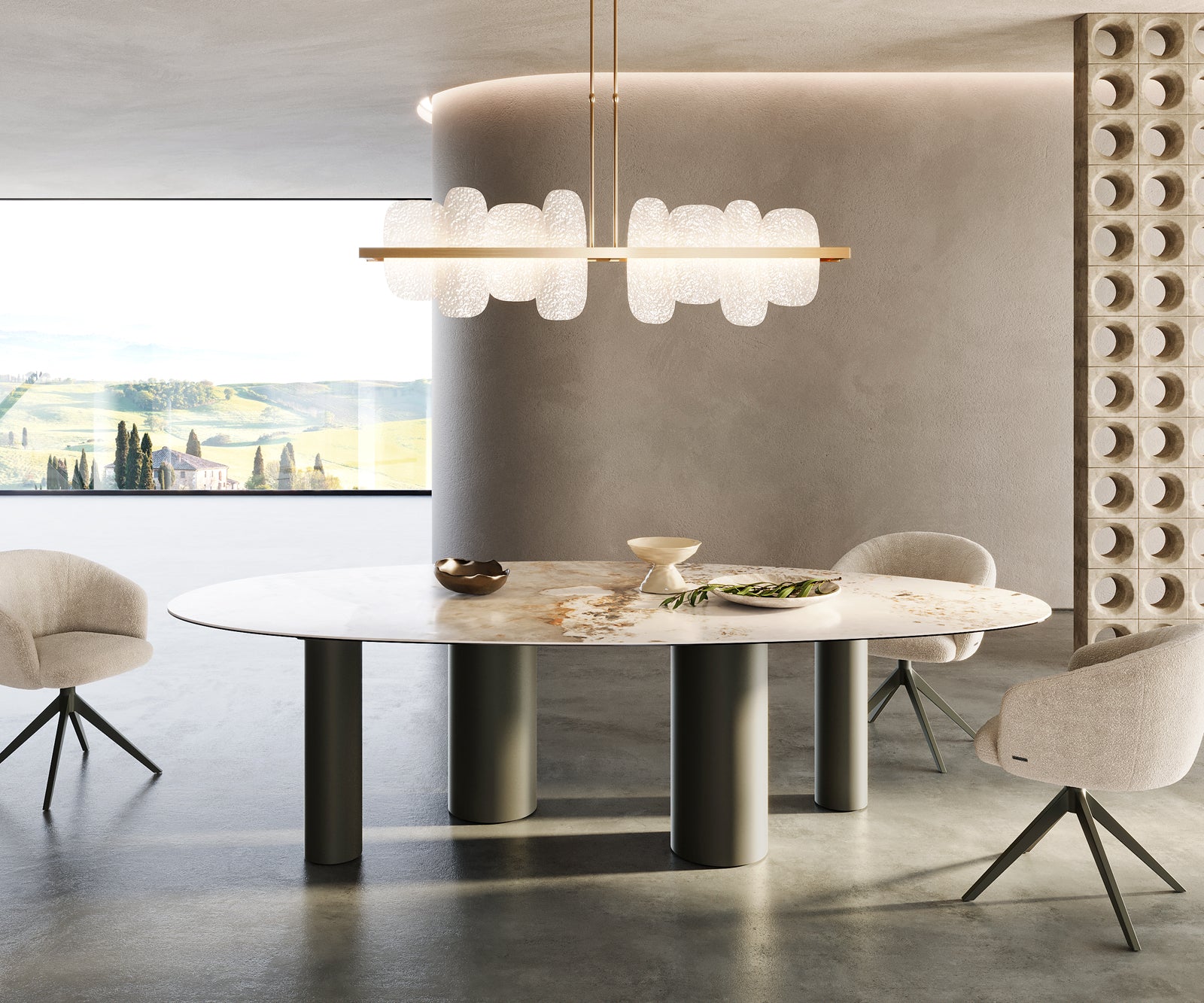 Dining Table Aurora Oval Ceramic 280cm Beige Four Pillars Frame Titanium