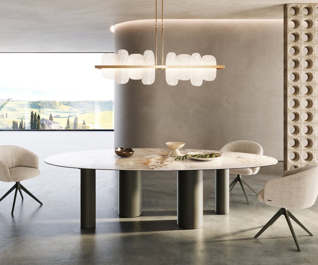 Dining Table Aurora Oval Ceramic 280cm Minas Melange Beige Four Pillars Frame Titanium