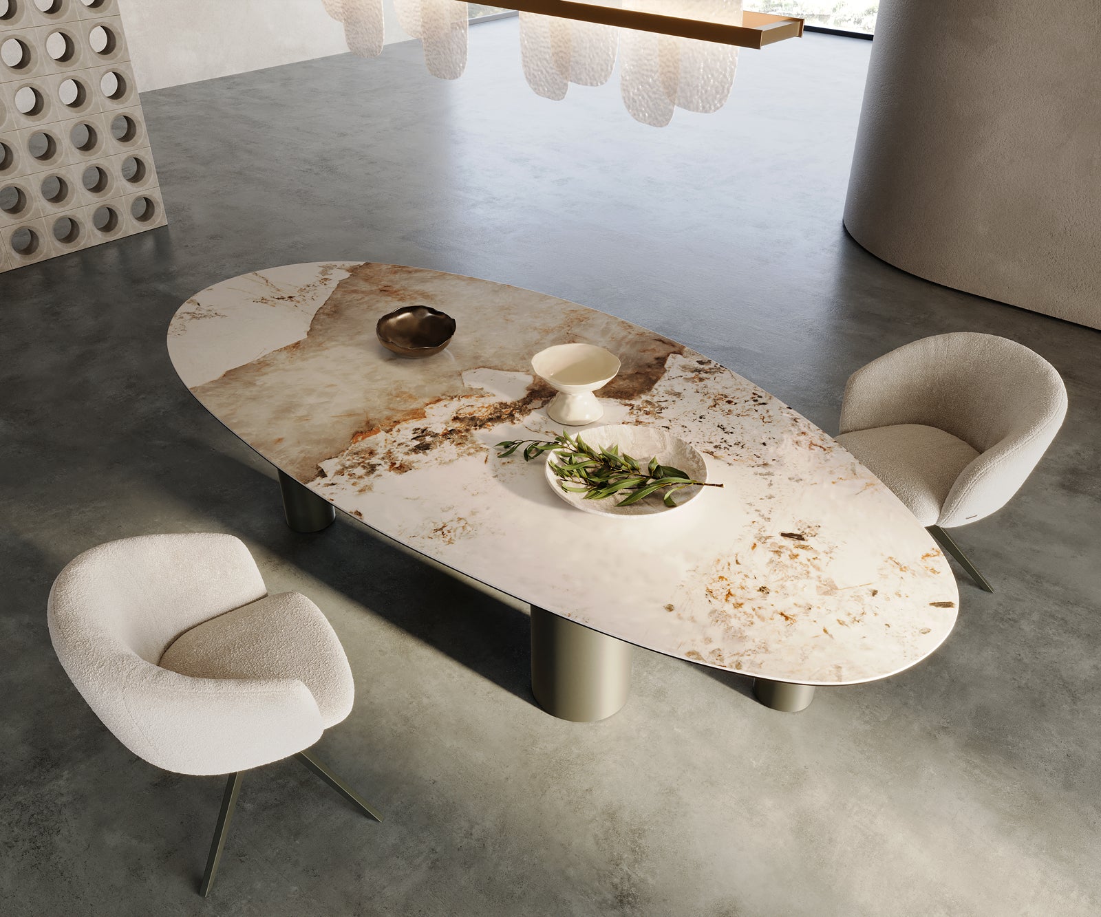 Dining Table Aurora Oval Ceramic 280cm Beige Four Pillars Frame Titanium