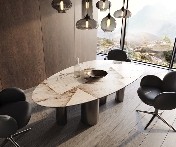 Dining Table Aurora Oval 220cm Ceramic Patagonia Lappato Beige Four Pillars Frame Graphite