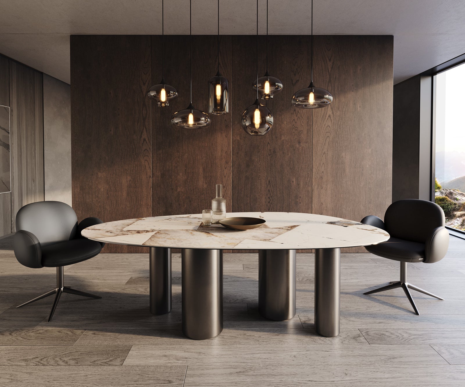 Dining Table Aurora Oval 220cm Ceramic Patagonia Lappato Beige Four Pillars Frame Graphite