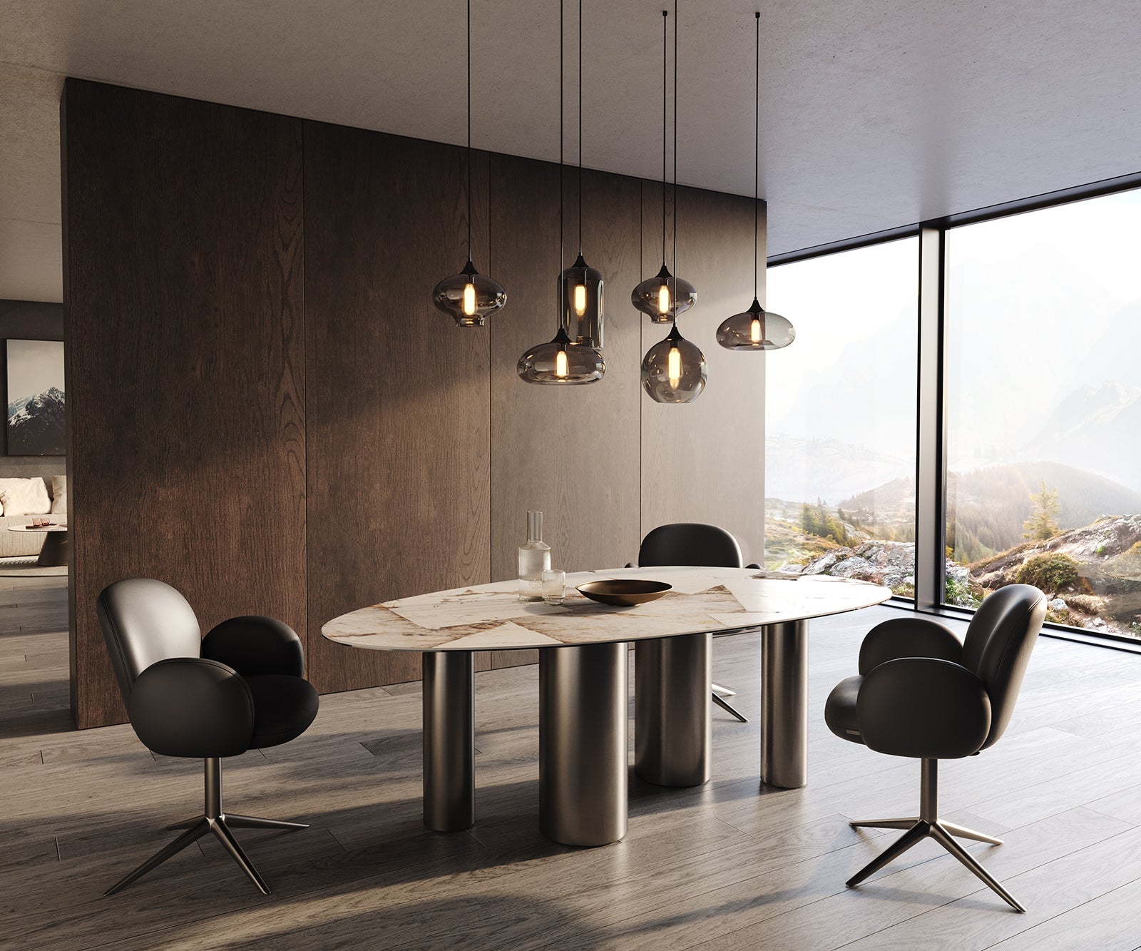 Dining Table Aurora Oval 220cm Ceramic Patagonia Lappato Beige Four Pillars Frame Graphite