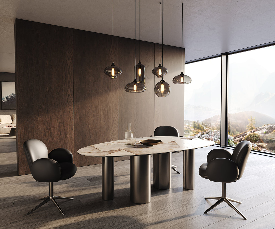 Dining Table Aurora Oval 220cm Ceramic Patagonia Lappato Beige Four Pillars Frame Graphite