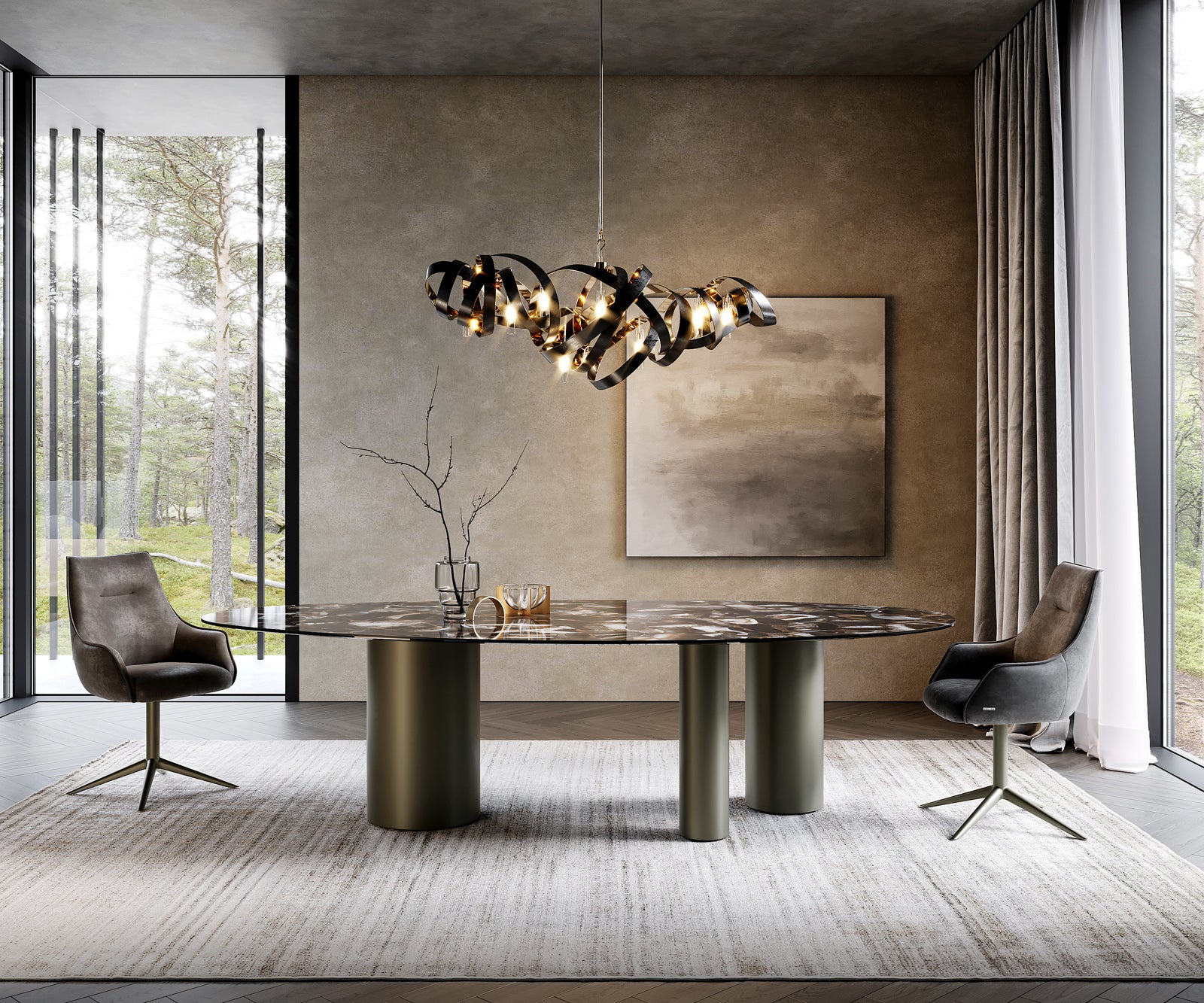 Dining Table Aurora Oval 280x130cm Ceramic Agate Black Three Pillars Frame Titanium