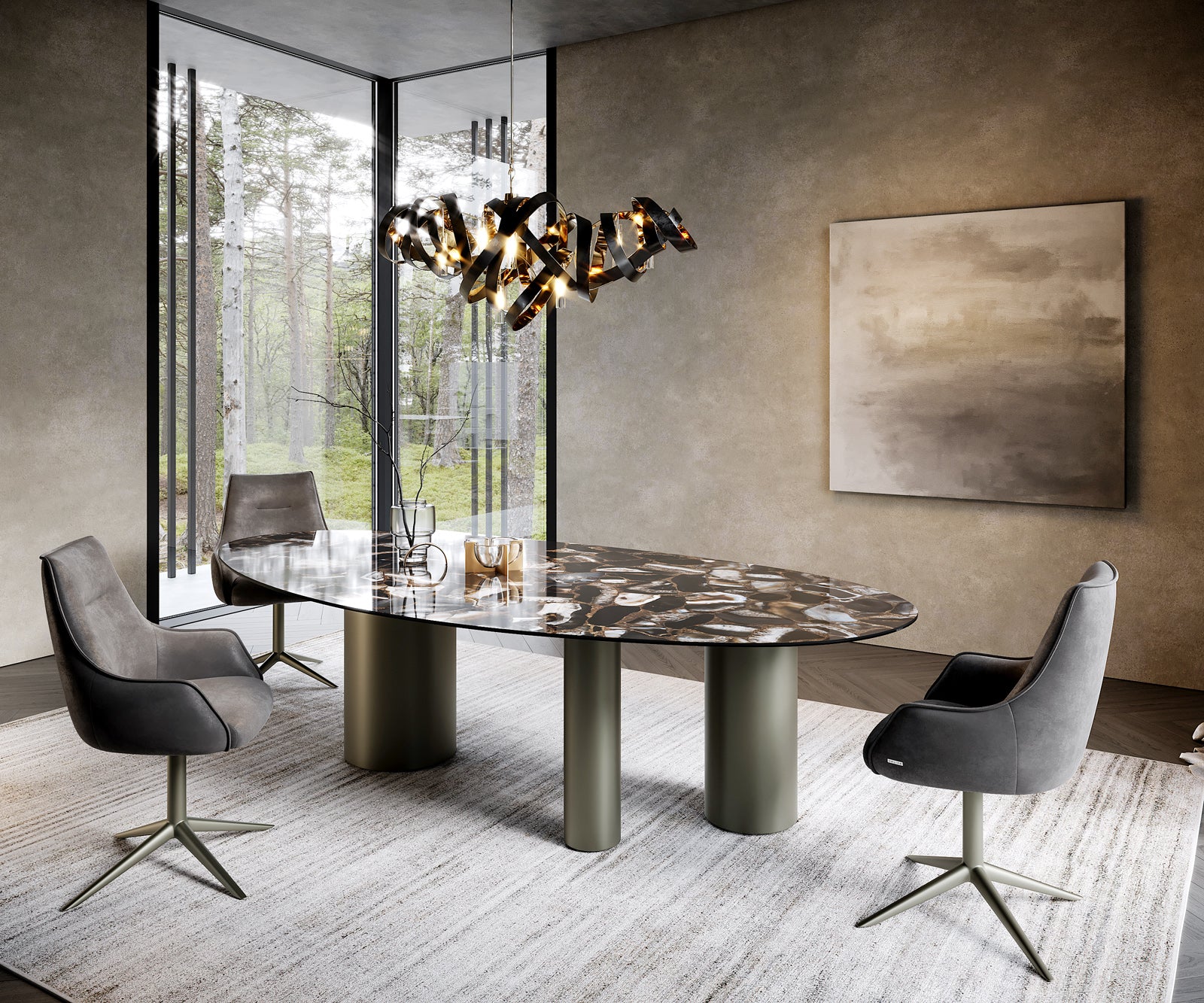 Dining Table Aurora Oval 280x130cm Ceramic Agate Black Three Pillars Frame Titanium
