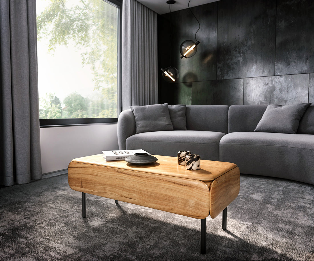 Coffee Table Shavani 100x50 cm 2 Drawers Acacia Wood Natural 4 Legs Black