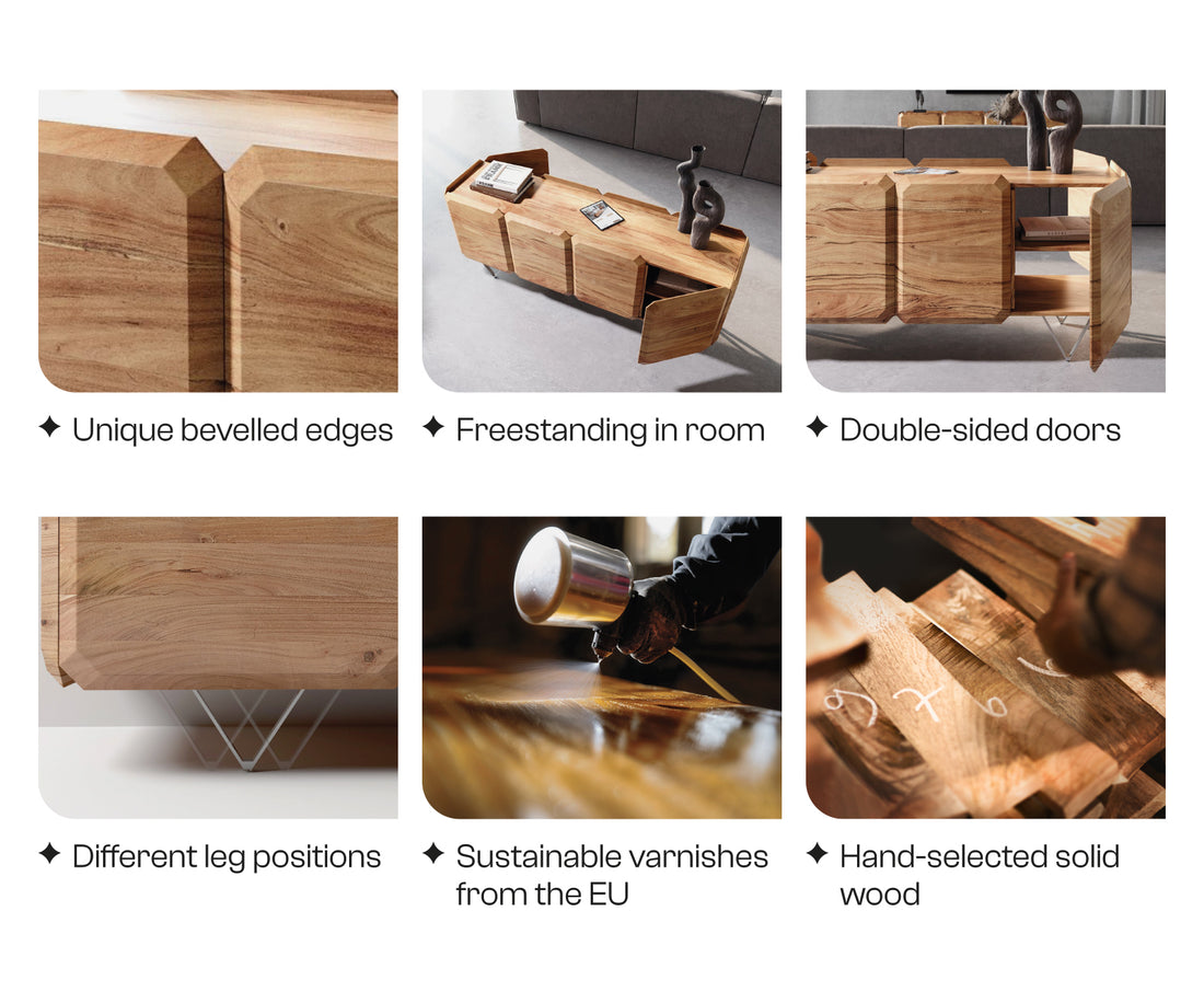 TV Stand Kiano 200cm 8 Doors Acacia Wood Natural V-Feet Silver