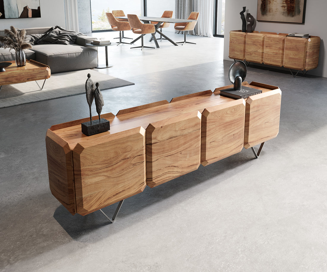 TV Stand Kiano 200cm 8 Doors Acacia Wood Natural V-Feet Silver