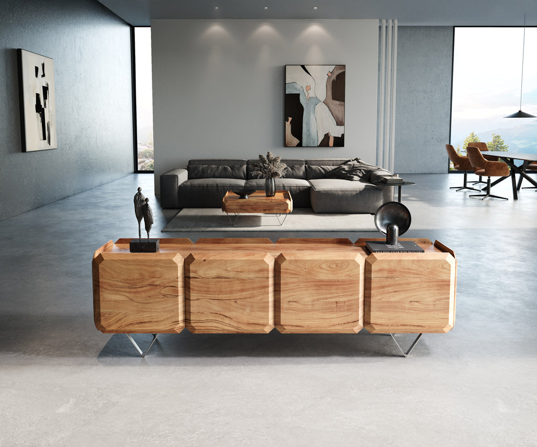 TV Stand Kiano 200cm 8 Doors Acacia Wood Natural V-Feet Silver